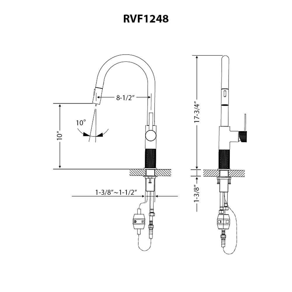 Ruvati RVF1248 Isola Single-Handle Pull-Out Kitchen Faucet with Knurl Detail technical drawing dimensions