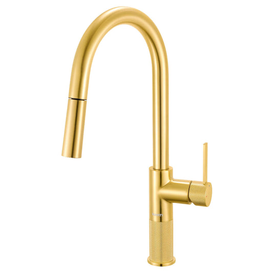 Ruvati RVF1248 Isola Single-Handle Pull-Out Kitchen Faucet with Knurl Detail in Brushed Gold finish.