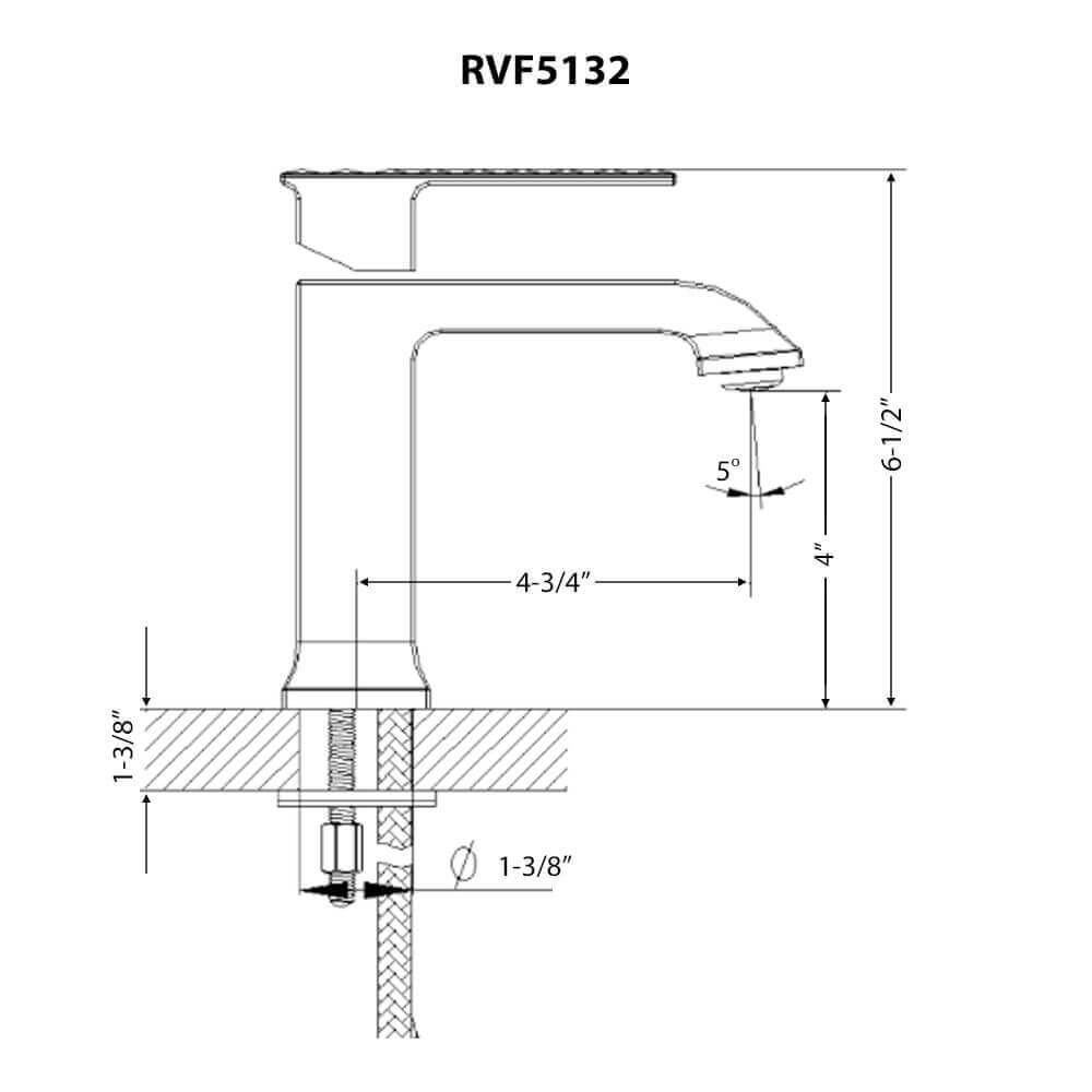 Ruvati RVF5132 Decora Single-Handle Square Bathroom Faucet in Brushed Nickel dimensions and features illustration.