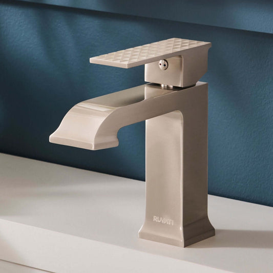 Ruvati RVF5132 Decora Single-Handle Square Bathroom Faucet in Brushed Nickel on a countertop.
