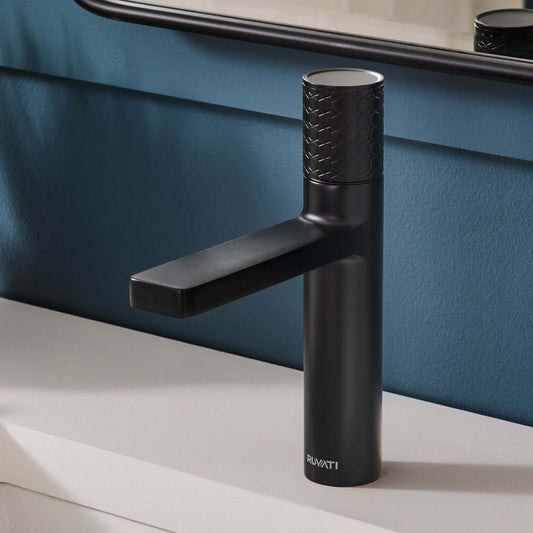 Ruvati RVF5133 Emilio Single-Handle Bathroom Faucet with Diamond Pattern Handle in Gunmetal Black finish.