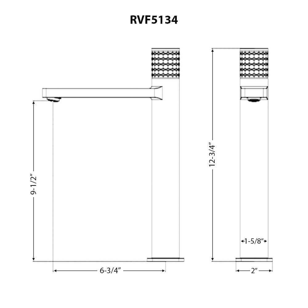 Ruvati RVF5134 Emilio Tall Single-Handle Vessel Bathroom Faucet in Brushed Nickel line drawing with dimensions.