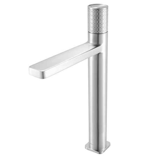 Ruvati RVF5134 Emilio Tall Single-Handle Vessel Bathroom Faucet in Brushed Nickel with knurled handle and tall profile.