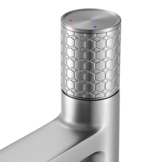 Ruvati RVF5134 Emilio Tall Single-Handle Vessel Bathroom Faucet in Brushed Nickel handle detail with knurled design.