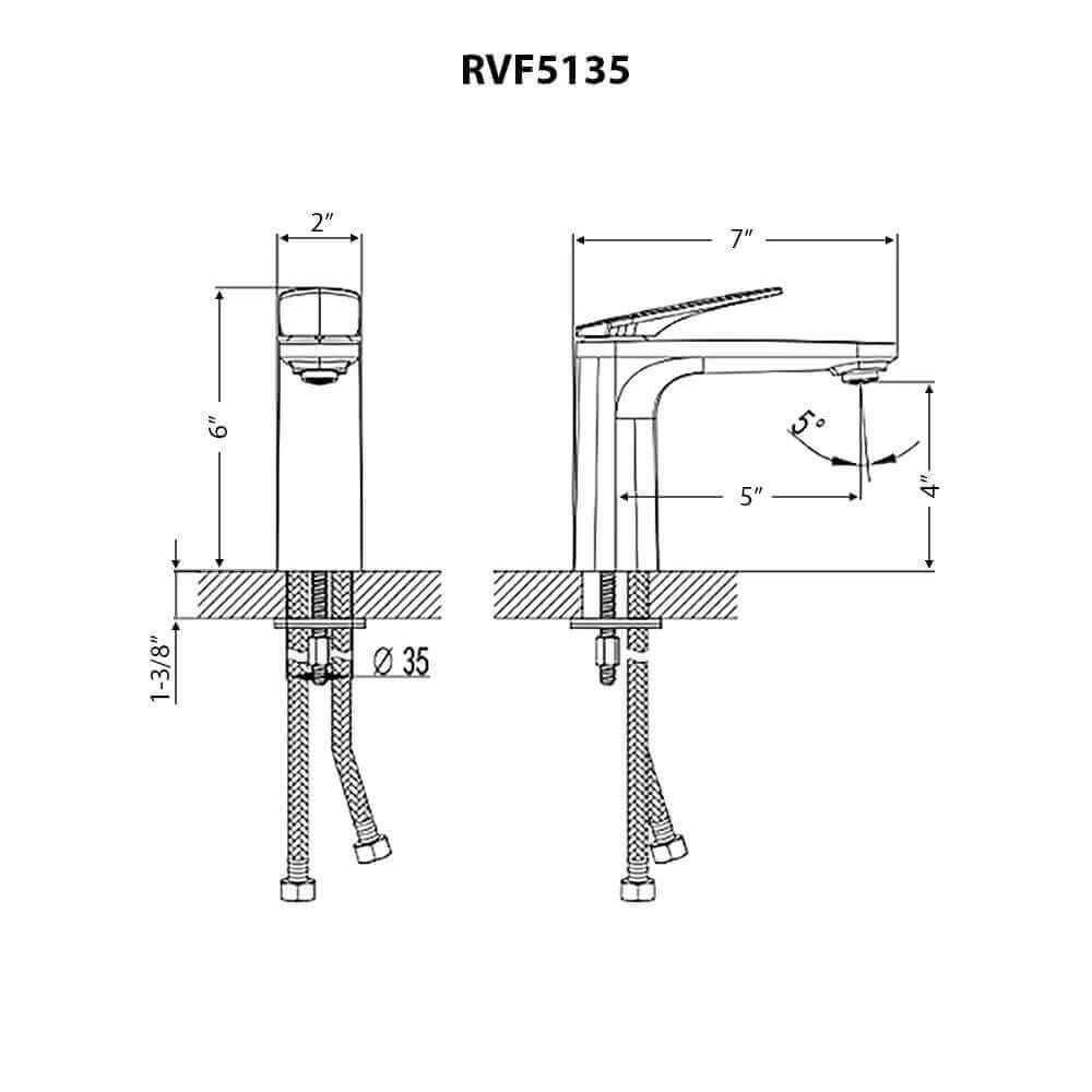 Ruvati RVF5135 Este Single-Handle Bathroom Faucet in Brushed Nickel or Matte Black dimensions diagram