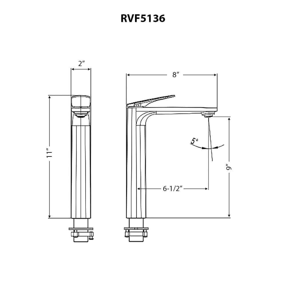 Ruvati RVF5136 Este Single-Handle Tall Vessel Bathroom Faucet technical drawing showing dimensions and design features.