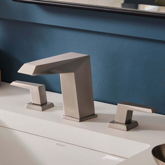 Ruvati RVF5231 Tropea Two-Handle Widespread Bathroom Faucet in Brushed Nickel displayed on a modern vanity.