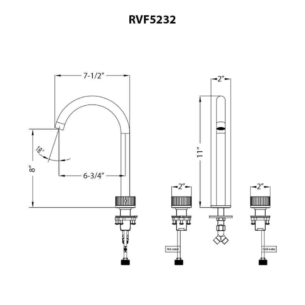 Ruvati RVF5232 Athena Two-Handle Widespread Bathroom Faucet with Stone Detail technical diagram showing dimensions.