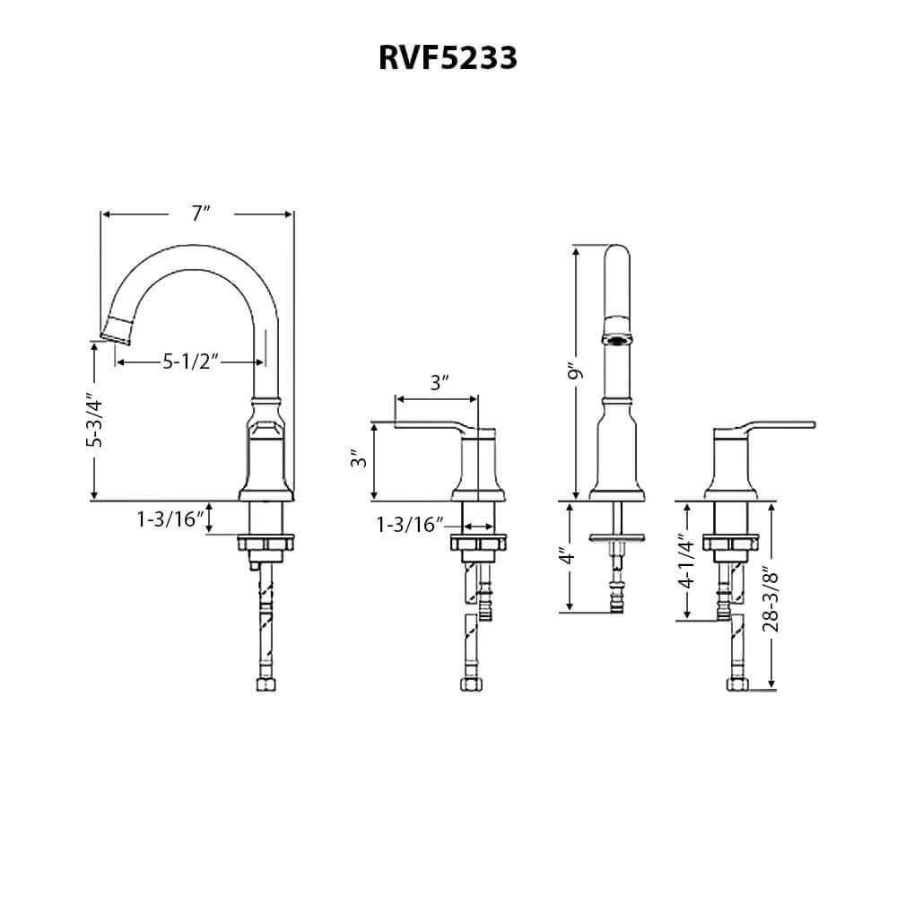 Ruvati RVF5233 Arti Two-Handle Widespread Bathroom Faucet in Brushed Nickel technical drawing dimensions