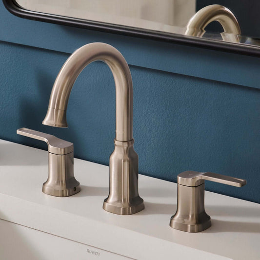 Ruvati RVF5233 Arti Two-Handle Widespread Bathroom Faucet in Brushed Nickel displayed with high-arc spout.
