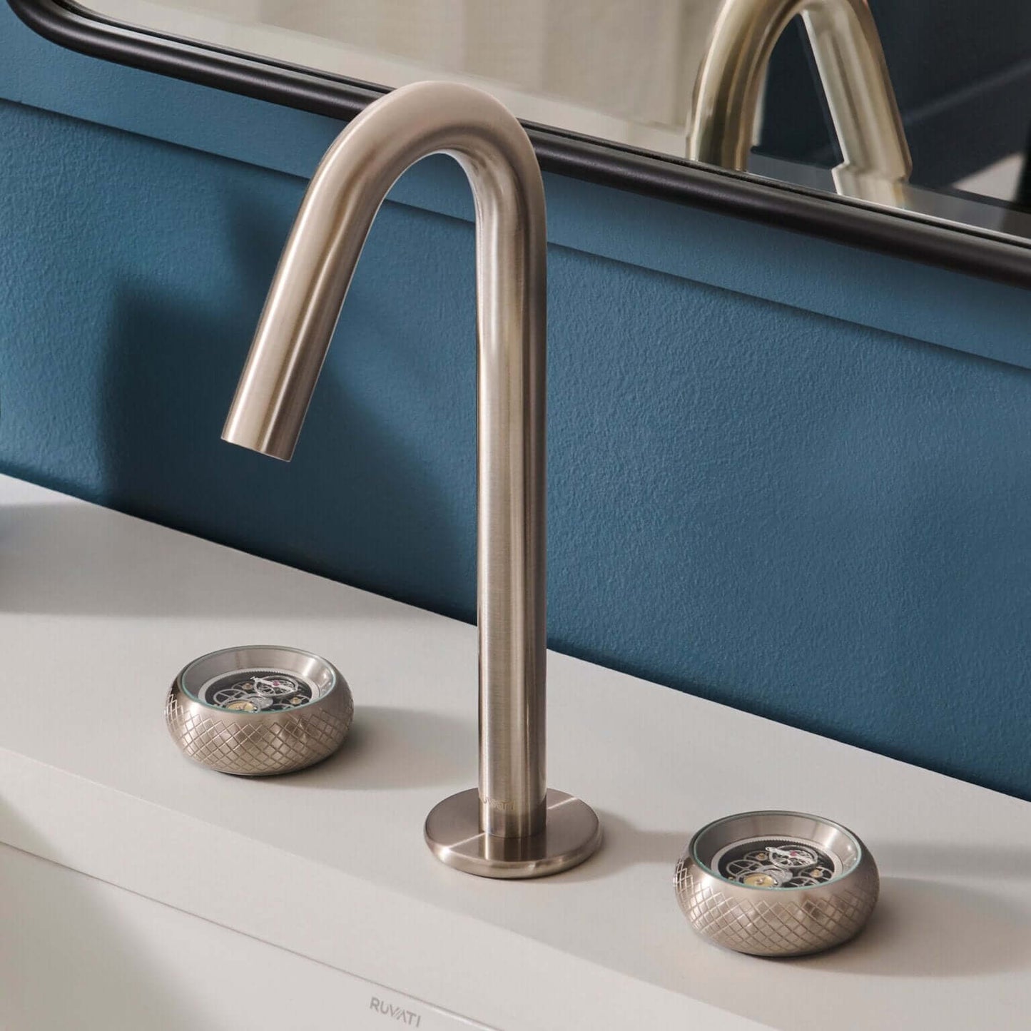 Ruvati Chrono Two-Handle Watch Face Widespread Bathroom Faucet - RVF5234 with watch face-inspired handles.
