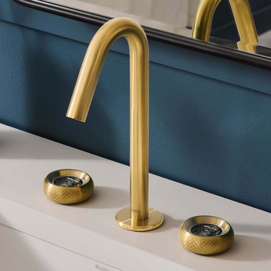 Ruvati Chrono Two-Handle Watch Face Widespread Bathroom Faucet - RVF5234 in brushed gold finish with watch face handles.