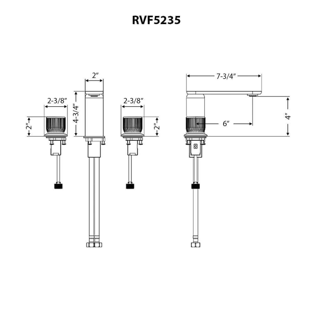 Ruvati RVF5235 Fabio Two-Handle Widespread Bathroom Faucet in Brushed Gold technical drawing with dimensions.