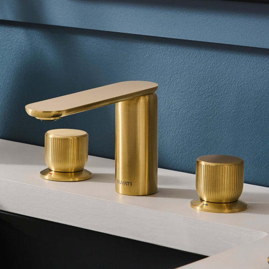 Ruvati RVF5235 Fabio Two-Handle Widespread Bathroom Faucet in Brushed Gold showcasing twist knob handles and sleek design.