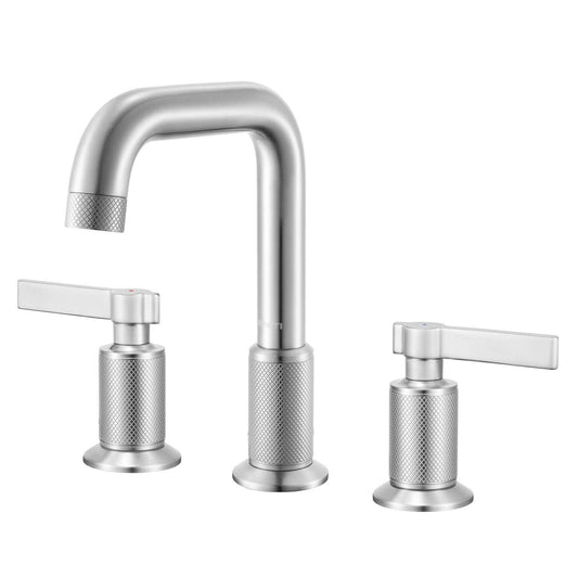 Ruvati RVF5236 Barolo Two-Handle Widespread Bathroom Faucet featuring knurled handles and angular spout.