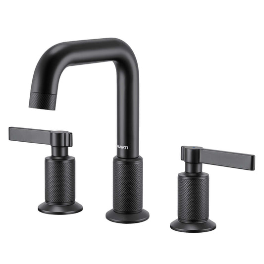 Ruvati RVF5236 Barolo Two-Handle Widespread Bathroom Faucet featuring knurled handles and angular spout.