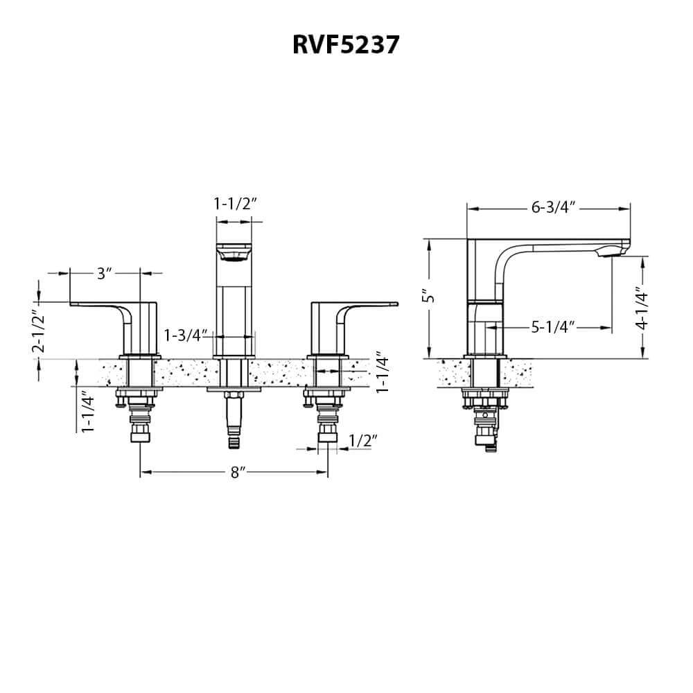 Ruvati RVF5237 Lanai Two-Handle Widespread Bathroom Faucet in Brushed Nickel dimensions diagram with measurements.
