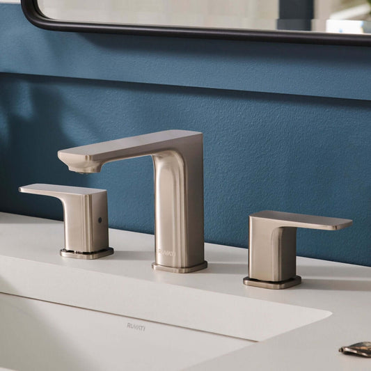 Ruvati RVF5237 Lanai Two-Handle Widespread Bathroom Faucet in Brushed Nickel on a modern bathroom countertop.