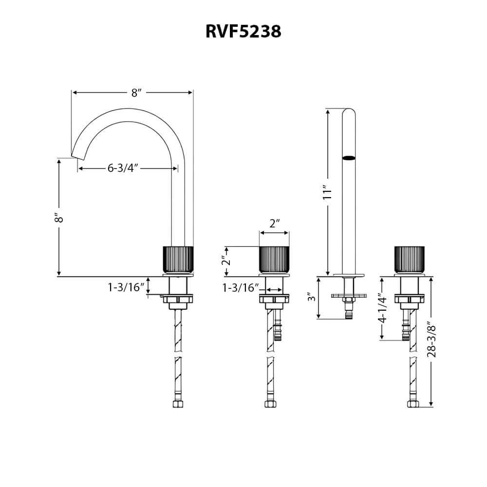 Ruvati RVF5238 Fabio Two-Handle Widespread Bathroom Faucet with Textured Knobs in Brushed Gold dimensions and specifications