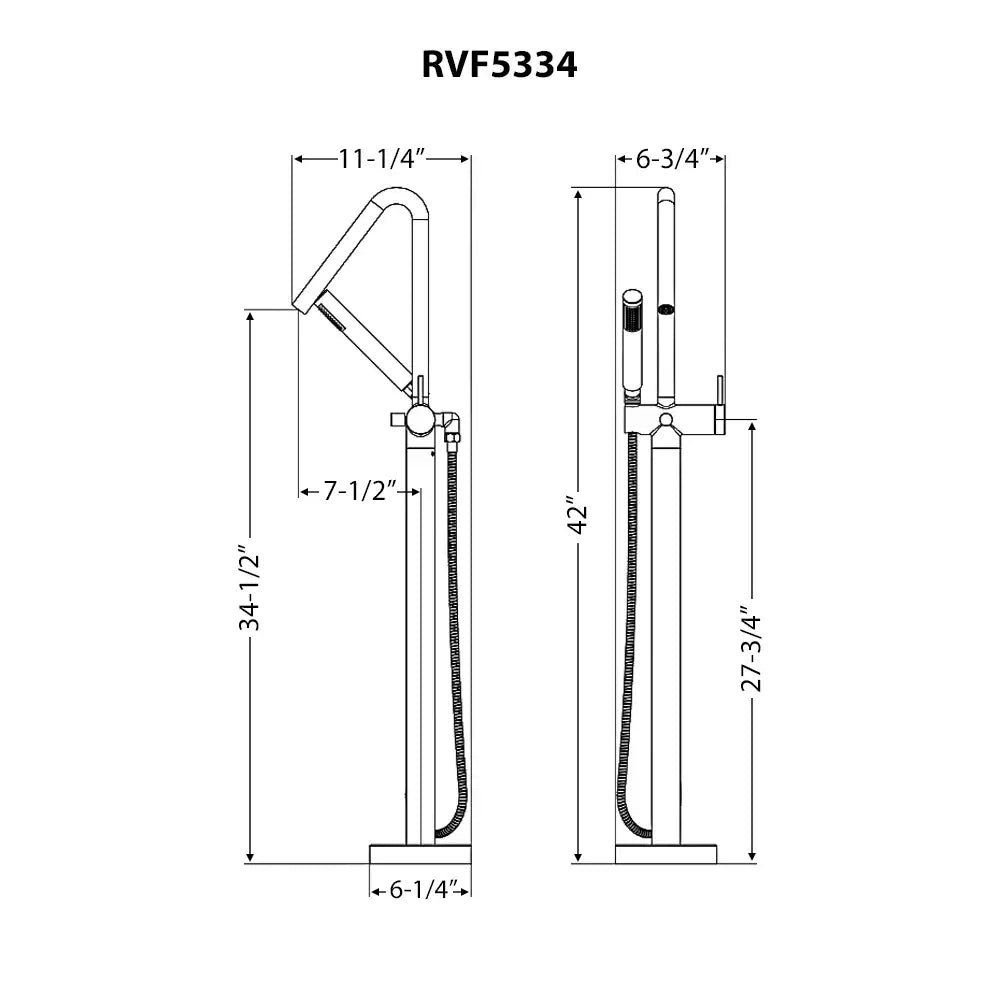 Ruvati RVF5334 Livia Single-Handle Floor-Mounted Freestanding Tub Filler with Hand Shower in Brushed Nickel dimensions diagram