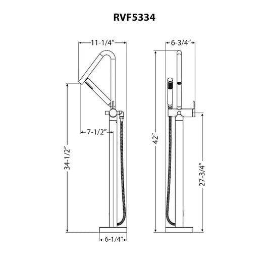 Ruvati RVF5334 Livia Single-Handle Floor-Mounted Freestanding Tub Filler with Hand Shower in Brushed Nickel dimensions diagram