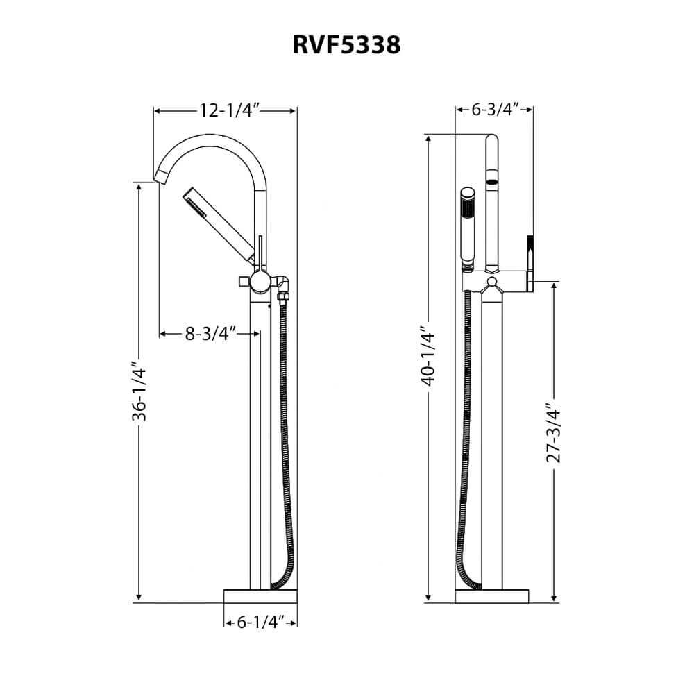 Ruvati RVF5338 Lucia Single-Handle Floor-Mounted Freestanding Tub Filler with Hand Shower dimensions diagram.