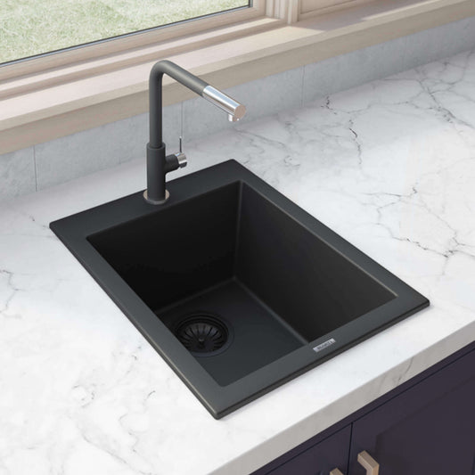 Ruvati epiGranite RVG1016 16" Topmount Single Bowl Wet Bar and Prep Sink in Midnight Black finish.