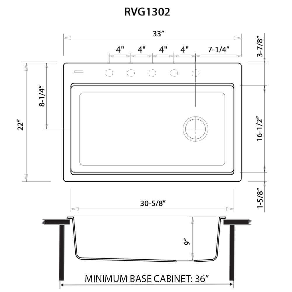Ruvati epiStage 33" Workstation Drop-in Granite Kitchen Sink RVG1302BK dimensions and specifications diagram