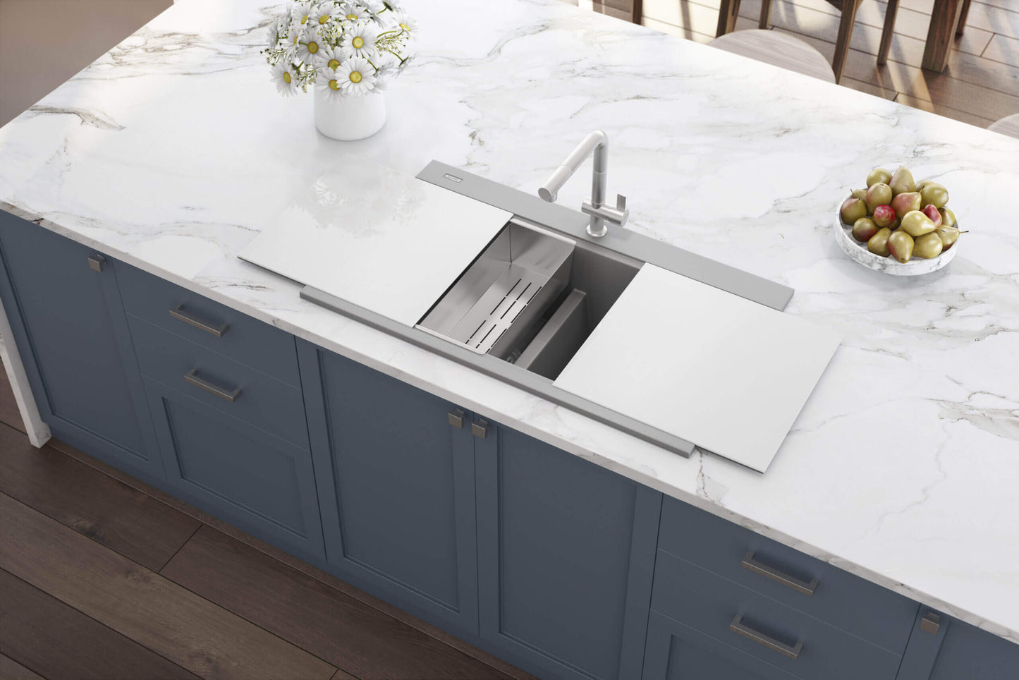 Ruvati 34" epiGranite Dual Bowl Workstation Kitchen Sink - Arctic White - RVG1350WH installed in modern kitchen.