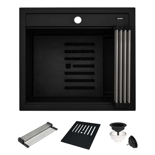 Ruvati epiCube RVG1622 23" Topmount Workstation Wet Bar and Prep Sink with Dual Ledges in black finish.