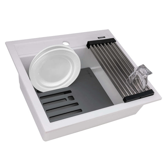 Ruvati epiCube RVG1622 23" Topmount Workstation Wet Bar and Prep Sink with Dual Ledges showcasing white interior.