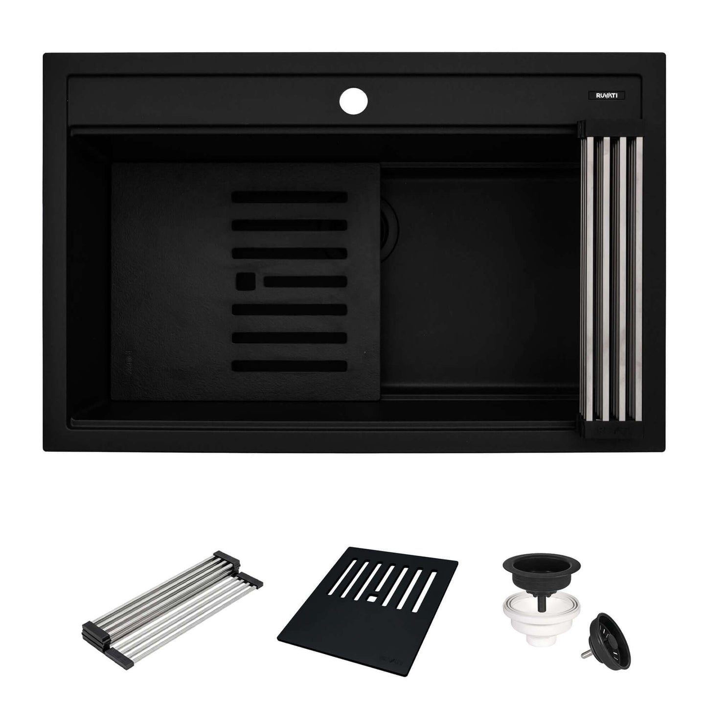 Ruvati epiCube RVG1631 31" Topmount Workstation Kitchen Sink with Dual Ledges in black finish with accessories.