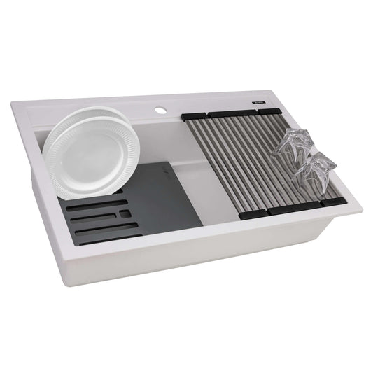 Ruvati epiCube RVG1634 34" Topmount Workstation Kitchen Sink with Dual Ledges showcasing accessories.