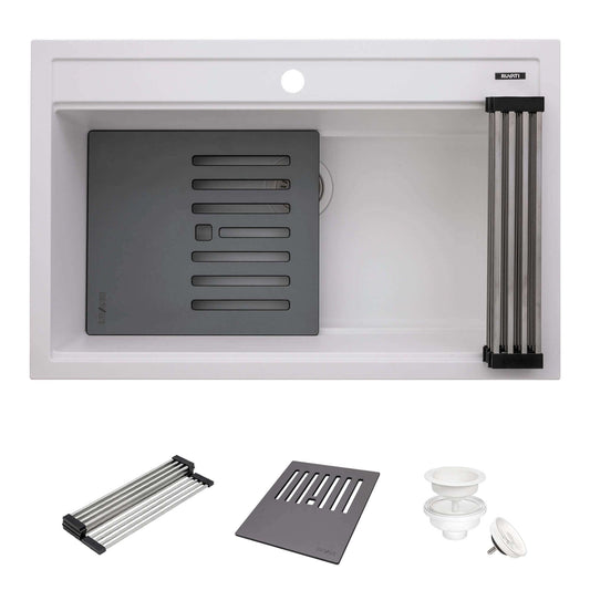 Ruvati epiCube RVG1634 34" Topmount Workstation Kitchen Sink with Dual Ledges, featuring composite cutting board and accessories.