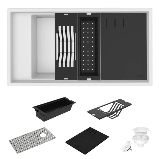 Ruvati 18"x34" epiStage Dual Mount Composite Workstation Kitchen Sink - RVG1650 accessories and components layout.