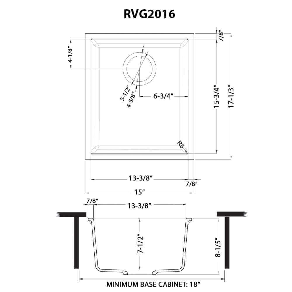 Ruvati epiGranite RVG2016 15" Undermount Single Bowl Wet Bar and Prep Sink dimensions diagram