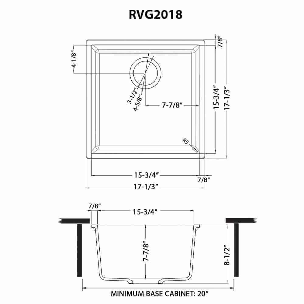 Ruvati RVG2018 17" Square Granite Composite Undermount Bar Prep Sink dimensions and specifications diagram.