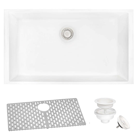 Ruvati RVG2030 30" Granite Composite Undermount Single Bowl Kitchen Sink with accessories.