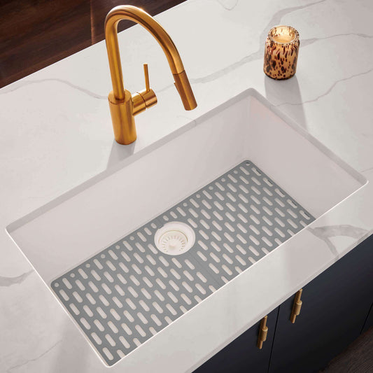 Ruvati RVG2030 30" Granite Composite Undermount Single Bowl Kitchen Sink with drainage mat and modern faucet.