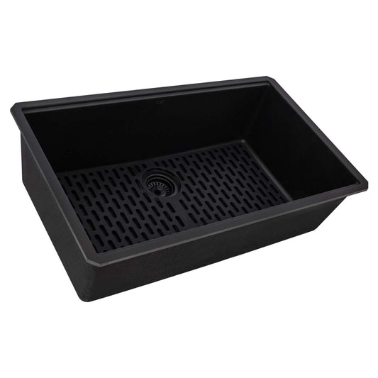 Ruvati RVG2080 32" Granite Composite Undermount Single Bowl Kitchen Sink in black with a textured bottom and drain.