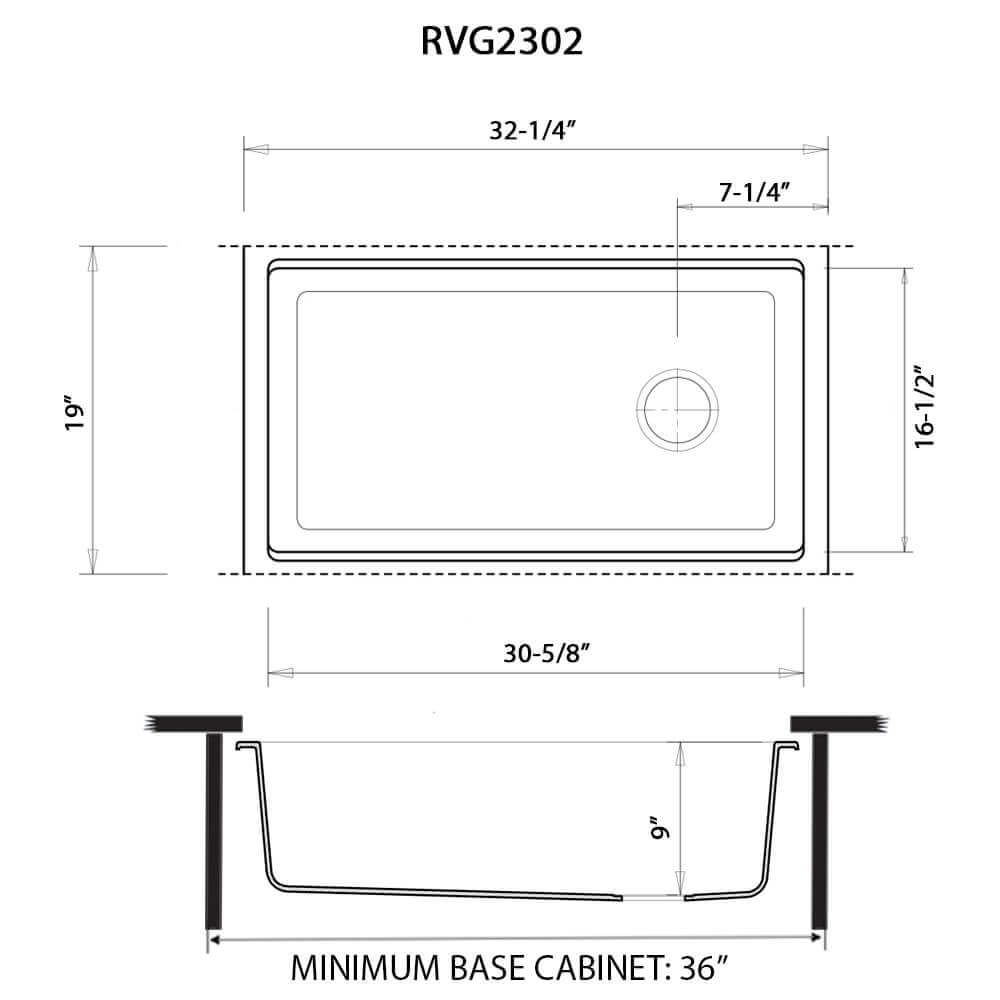 Ruvati epiStage 33" Workstation Granite Kitchen Sink RVG2302BK dimensions diagram with measurements and minimum base cabinet specifications.