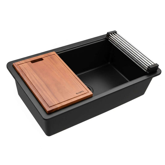 Ruvati RVG2303 32" Granite Composite Undermount Workstation Kitchen Sink with cutting board and drying rack.