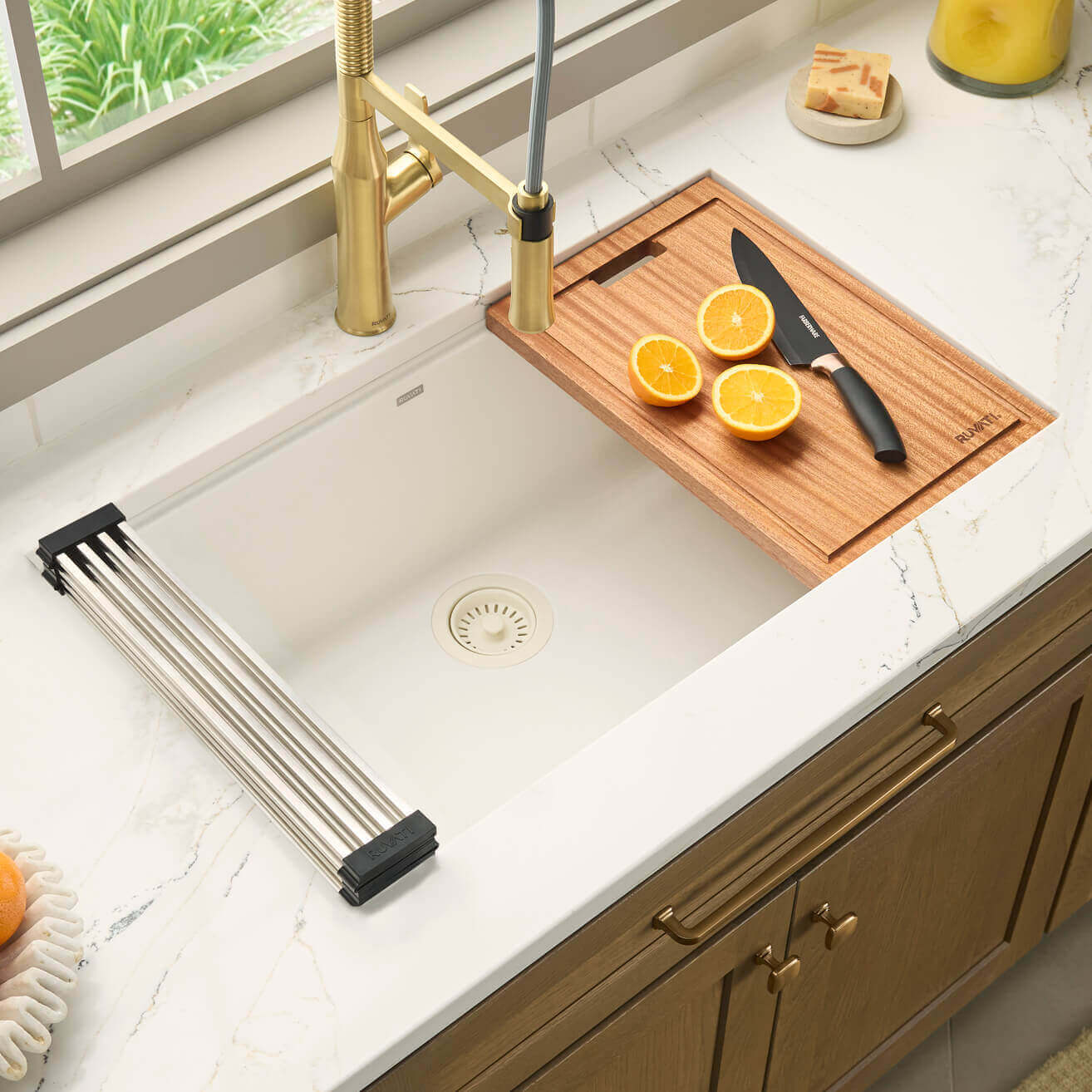 Ruvati RVG2303 32" Granite Composite Undermount Workstation Kitchen Sink with cutting board and knife.