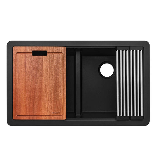 Ruvati RVG2343 32" Granite Composite Undermount Workstation Sink with cutting board and drying rack included.