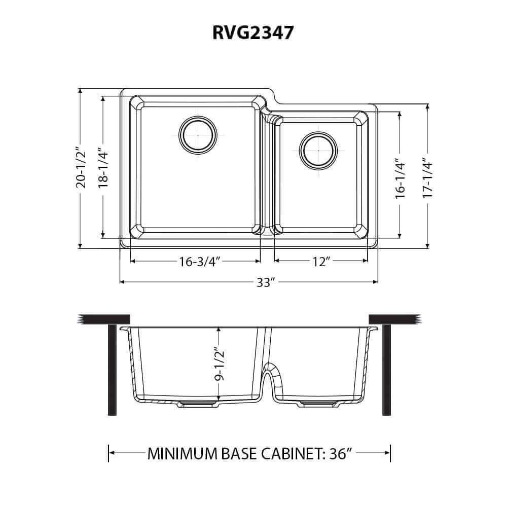 Ruvati epiGranite RVG2347 33" Undermount Double Bowl Kitchen Sink with Low Divide dimensions and specifications diagram.
