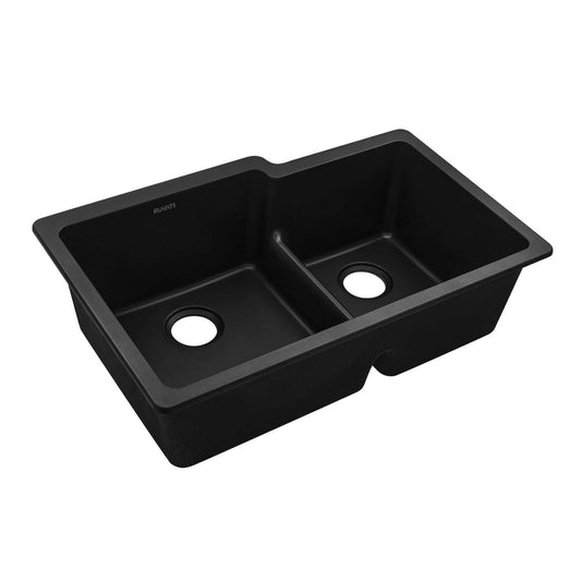 Ruvati epiGranite RVG2347 33" Undermount Double Bowl Kitchen Sink with Low Divide in Midnight Black finish.