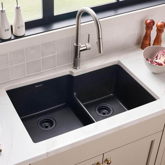 Ruvati epiGranite RVG2347 33" Undermount Double Bowl Kitchen Sink with Low Divide in Midnight Black finish.