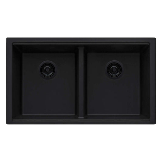 Ruvati RVG2385 33" Granite Composite Undermount Low Divide Sink with two bowls and workstation ledge.