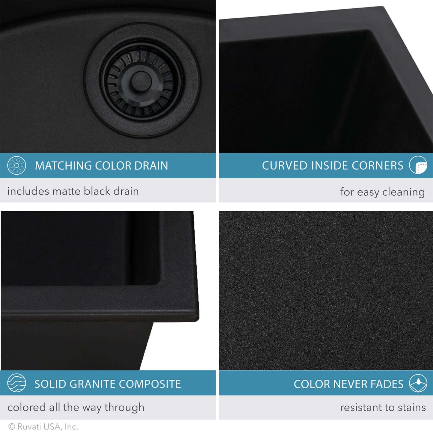 Ruvati RVG2388 32" Granite Composite Undermount Double Bowl Sink features matching color drain and curved corners.