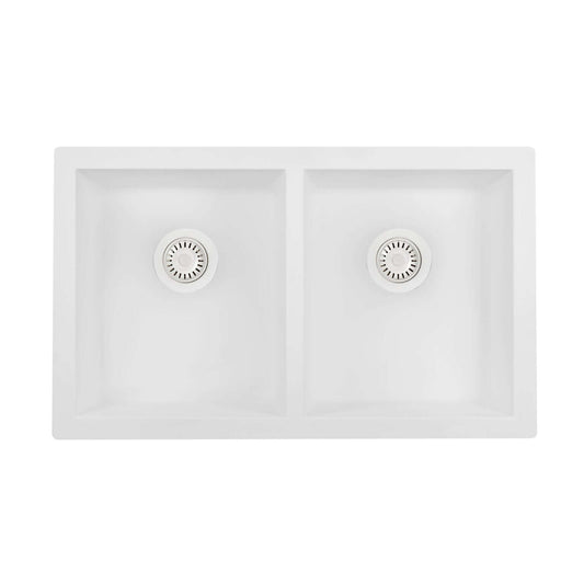 Ruvati RVG2388 32" Granite Composite Undermount Double Bowl Sink in sleek white finish.